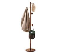 QJUZO Wooden Coat Stand, Solid Wood, Stable & Robust with 6 Hooks, Vintage Style Coat Stand, Round Base, Solid, Walnut, Natural, for Living Room, Bedroom, Office, Height 175 cm