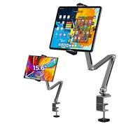 QJYKIONE Aluminum Alloy Tablet Stand for Desk, 360° Adjustable iPad Arm Mount Foldable Phone Holder Compatible with iPad Pro Air 13/12.9/11 Mini, Portable Monitor 15.6, Samsung Galaxy, Kindle- Grey