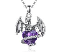 QKABTI Oxidized 925 Sterling Silver Necklace Amethyst Dragon Heart Pendant Fantasy Inspired Jewelry Mystic Purple Gemstone Jewelry Gift for Women