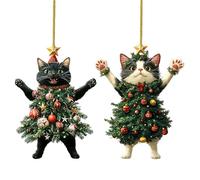 Qkbuza Cat Christmas Ornaments Acrylic 2D Funny Cat Dressed As A Christmas Tree 10 Pieces Cute Black White Cats Hanging Ornaments For Car Rearview, Bag Charm, Mantel