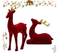 Qkbuza Christmas Reindeer | Flocking Deer Figures | Red and Green Aesthetic Standing Sitting Elk Statue for Workplace Bedside Table Party Kitchen