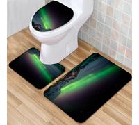 QKBVRHA 3 Piece Non-Slip Bath Mat Set,Luxury Thick Microfiber Shaggy Bathroom Rugs,Aurora, the green light ice lake in the secret realm of the polar night,Machine Washable Quick Dry Rugs,Absorbent