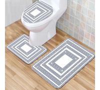 QKBVRHA 3 Piece Non-Slip Bath Mat Set,Luxury Thick Microfiber Shaggy Bathroom Rugs,Greek key, blue and white tile mosaic pattern with antique meandering,Machine Washable Quick Dry Rugs,Absorbent