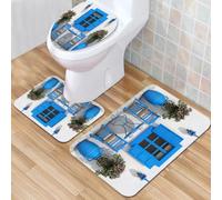 QKBVRHA 3 Piece Non-Slip Bath Mat Set,Luxury Thick Microfiber Shaggy Bathroom Rugs,Santorini, the blue and white secret island town in the Aegean Sea,Machine Washable Quick Dry Rugs,Absorbent