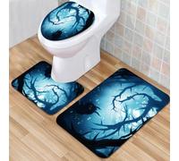QKBVRHA 3 Piece Non-Slip Bath Mat Set,Luxury Thick Microfiber Shaggy Bathroom Rugs,Weird night woods, mysterious creatures inhabiting the blue forest, surrou,Machine Washable Quick Dry Rugs,Absorbent