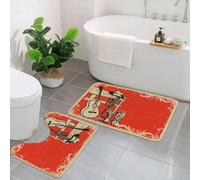 QKBVRHA Non-Slip Bath Mat Set of 2,60X90 CM Soft Plush Shower Mat & 50X40 Toilet Pedestal Carpet,Western, image of wild west elements with country music guitar and cowboy b,Machine Washable,Absorbent