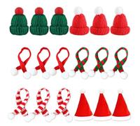 QKEINV 18 Pcs Mini Christmas Hat & Scarf Set, Cute Mini Knitted Hat, Cute Christmas Accessories, Christmas Santa Hat & Scarf Set Lollipop Bottle Cap Decor for Xmas Party Ornaments Doll Accessories