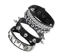 QKEOISUD 3-Piece Studded Punk Accessories - Black Gothic Spike Bracelets with Metal Studs for Men & Women, Retro Punk Rock Leather Adjustable Wrap Wris Cuffs Street Party Jewelry (Black)