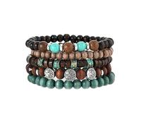 QKEOISUD 5PCS Boho Beaded Bracelets,Multi Layer Stackable Wooden and Alloy Bracelets,Tree of Life Pattern Design,Handmade Bead Elastic Portability Cuff Bangle Wristband Jewelry Gifts for Men Women