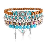 QKEOISUD 5Pcs Western Cowgirl Bracelets for Women,Boho Turquoise Head Cow Boot Feather Beaded Stackable Stretch Bracelets,Rural Party Costumes Adjustable Prayer Beads Wrap Cuff for Gift
