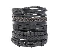 QKEOISUD 6Pcs Braided Leather Bracelets for Men Women Wood Beads Bracelet, Retro Punk Stackable Handmade Leather DIY 6-Piece Set with Adjustable Men's Bracelet,Rock Party Daily Costume Jewelry Set