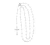 QKEOISUD Cross Rosary Pendant Necklace,White Pearl Beads Rosary Roses Mystery Beads Prayer Necklace,Religious Jewelry Gifts for Women Men(White)
