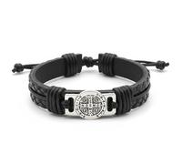 QKEOISUD Men's Leather Bracelet with Saint Benedict Protection Symbol, Black Vintage Handmade Braided Leather Bracelets, Adjustable Religious Wristband Accessory