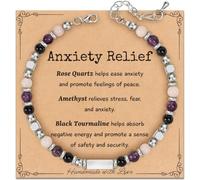 QKEOISUD Natural Stone Crystal Healing Bracelet for Women Ladies | Rose Quartz Amethyst Black Tourmaline Beads Triple Protection Anxiety Relief Emotional Balance Jewelry Gift for Friends Mum