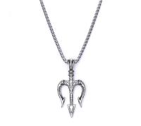 QKEOISUD Poseidon Trident Pendant Punk Necklace, Vintage Stainless Steel Rock Hip Hop Chain Ancient Greek Talisman Birthday Jewelry Men's Gift (Silver)