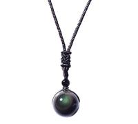 QKEOISUD Round Obsidian Necklace,Natural Obsidian Pendant with Braided Rope Rainbow Eyes Style,Good Luck Bead Rainbow Eyes Amulet for Women and Men Adjustable