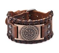 QKEOISUD Viking Punk Leather Cuff Bracelet, Nordic Adjustable Cuff Bangle Wristband with Vegvisir Compass, Norse Amulet Scandinavian Talisman Celtic Pagan Jewelry