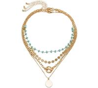 QKEOISUD Women's Multilayer Necklace, Boho Chic Women's Layered Necklaces | Adjustable Stacking Gold Plated Retro Ethnic Style Turquoise Bead Coin Pendant Daily Country Western Summer Beach Jewelry