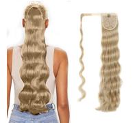 Long Wavy Ponytail Hair Extension Curly Wrap Around Pony Tail Extensions Clip in Synthetic Hairpieces One Piece Body Wave Wig with Magic Paste for Women Girls Black Brown Blonde 24"
