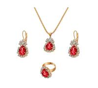 QKEPCY Bridal Wedding Jewellery Set for Women Girls Zirconia Teardrop Pendant Necklace Drop Earrings and Ring Set Gifts Crystal Jewellery Set for Bridesmaid Costume Prom Engagement (Red)