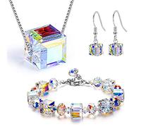 QKEPCY Crystal Jewelry Sets Square Cube Austrian Earrings and Rainbow Necklace Romance Crystal Bracelets Brides Bridesmaid Prom Costume Jewelry Set Personalised Gifts for Women Jewellery