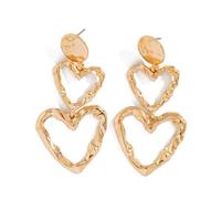 QKEPCY Double Heart Earrings Textured Metallic Statement Jewellery Women Hanging Large Eye-catching Elegant Stylish Timeless, Metal