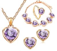 QKEPCY Love Heart Jewellery Set 4 PCS Fashion Heart Necklace Earrings Ring Bracelet Set Bridal Wedding Jewellery Set Rhinestone Set Sparkly Crystal Dangle Drop Set for Women and Girls (Purple)