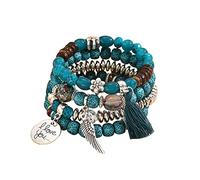 QKEPCY Boho Beaded Bracelet Multi-Layer Wooden Beaded Bracelet Elastic Bracelet Tassel Bracelet Tourist Beach Anklet Jewellery Bracelet Women Bracelet Set Can Be Stacked Or Worn Alone (Green)