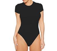 QKEPCY Short Sleeve Bodysuit for Women Crew Neck Thong Leotard Bodysuit Tops Stretch Casual Basic Bodysuits Slim Fit T Shirts Jumpsuit (Black, M)
