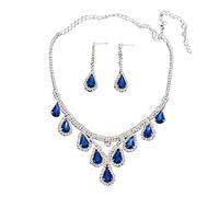 QKEPCY Wedding Bridal Jewellery Set for Women Crystal Teardrop Statement Necklace and Dangle Earrings Set Silver Rhinestone Jewellery Gifts for Wedding Engagement Bridesmaid Party Dress Prom (Blue)