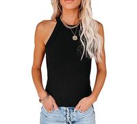 QKEPCY Women Halter Neck Vest Tops Cotton Soft Summer Sleeveless Plain Tshirt Cami Tops Summer T Shirt Loose Fit Blouse Casual Basic Tops Flowy Shirts Summer Tops (Black), S-XL