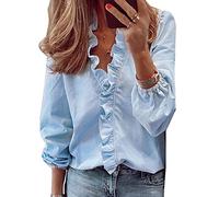 QKEPCY Women’s Long Sleeve Tops T Shirt Ruffles Lantern Sleeve V-Neck Shirts Elegant Solid Color Loose Fit Casual Chiffon Blouse Polo Rolled Up Sleeve Top Basic Shirts (Blue L)