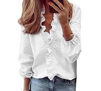 QKEPCY Women’s Long Sleeve Tops T Shirt Ruffles Lantern Sleeve V-Neck Shirts Elegant Solid Color Loose Fit Casual Chiffon Blouse Polo Rolled Up Sleeve Top Basic Shirts (White M)
