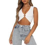 QKEPCY Women Sexy Sleeveless Crop Tops Deep V Neck Workout Tops Plunge Ring Cleavage Cropped Vest Tank Tops Bustier Corset (White L)