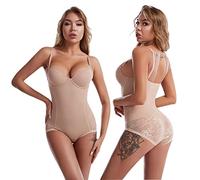 QKEPCY Women Shapewear Bodysuit Tummy Control Body Shaper Lace Sculpting Bodysuit Seamless Waist Trainer Adjustable Straps Slimming Push Up Leotard Jumpsuit Tops with Bra (Nude, XXL/40C)