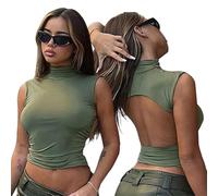 QKEPCY Women's Backless Crop Top Sleeveless Sexy T-Shirt Back Cut Out Y2K Streetwear Casual Club Going Out Party High Collar Summer Slim Fit Tee Cami Tank Top, L Army Green