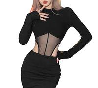 QKEPCY Women's Bodysuit Sheer Mesh Cut-Out Long Sleeve Elastic Jumpsuit Top Leotard Jumpsuit Firm Shapewear Plain high Polo Clubwear Tops (M)