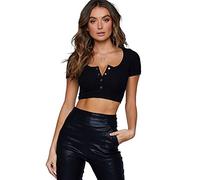 QKEPCY Women's Short Sleeve Crop Top Sexy Classics Fashion T-Shirt Button Round Neck Rib Tee Y2K Solid Casual Club Going Out Party Cropped Tee Shirt Top Summer Slim Fit Streetwear, M Black