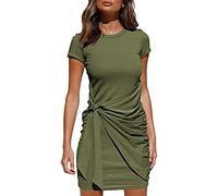 QKEPCY Women's Summer Dress Short Sleeve Round Neck Light Dress Midle Long Solid Color Knee Long Dress Can be Worn for Many Occasions Pleated Bow Waistband Irregular Dress (Green XL)