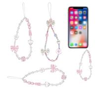 Qkhcable 3 PCS Phone Charm - Cute Y2K Cat Bow Heart Crystal Pearls Beaded Phone Strap Lanyard Phone Charm Bracelet Strap - Aesthetic Chain Keychain Wrist Straps for Women Teen Girls