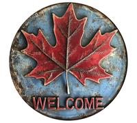 QKIODS Maple Leaf Welcome Funny Round Metal Tin Signs Vintage Rustic Fall Metal Signs Retro Wall Art Decor for Home Garden Farmhouse Yard Halloween Thanksgiving Autumn Porch Patio Bar Cafe 8 Inch