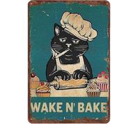 QKIODS Metal Signs Wake N' Bake Retro Aluminum Sign Cat Sign Gift for Cat Lover Decoration for Home Kitchen Bedroom Living Room Coffee Bar 8×12 Inches