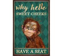 QKIODS Monkey Why Hello Sweet Cheeks Sign - Vintage Funny Retro Aluminum Sign for Home, Kitchen, Bathroom, Garden, Bar - 8x12 Inches