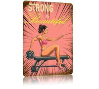 QKIODS Vintage Gym Girl Metal Tin Signs Strong Is Beautiful kettlebell Funny Aluminum Sign Retro Exercise Wall Decor for Home Gym Workout Room 8×12 Inch