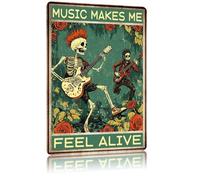QKIODS Vintage skeleton Metal Tin Signs Music Makes Me Feel Alive Funny Aluminum Sign Retro Wall Decor for Hippy Room Home Teen 8×12 Inch