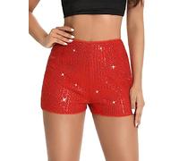 Qkiome Women's Sequins Shorts Elastic Mid Waist Straight Leg Band Sparkly Shorts Glitter Hot Pants Party Streetwear (Red, S)