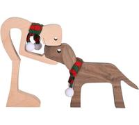 Qklovni Pet Lover Gifts Wood Sculpture, Family & Puppy Wooden Crafts Sculpture, Unique Gift Hand Carved Wood Dog Human Statue, Family Puppy Wooden Carving Ornaments (Man and Dog Scarf)