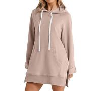 Qklovni The Warmy Oversized Hoodie, Pullover Long Sweatshirt Split Hem With Pockets, Casual Oversized Hoodie Dress For Women (UK, Alpha, L, Regular, Regular, khaki)