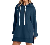 Qklovni The Warmy Oversized Hoodie, Pullover Long Sweatshirt Split Hem With Pockets, Casual Oversized Hoodie Dress For Women (UK, Alpha, M, Regular, Regular, navy blue)
