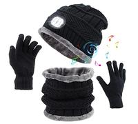 QKTYB LED Bluetooth Beanie Hat with Scarf and Touchscreen Gloves Set, Unisex Knitted USB Rechargeable Lighted Cap Music Headset Hat Winter Warm Knit Fleece Lined Hat for Men Women Christmas New Year